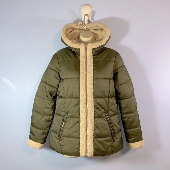 Laundry by shelli segal size medium olive green and cream hooded puffer Sherpa - Picture 1 of 10